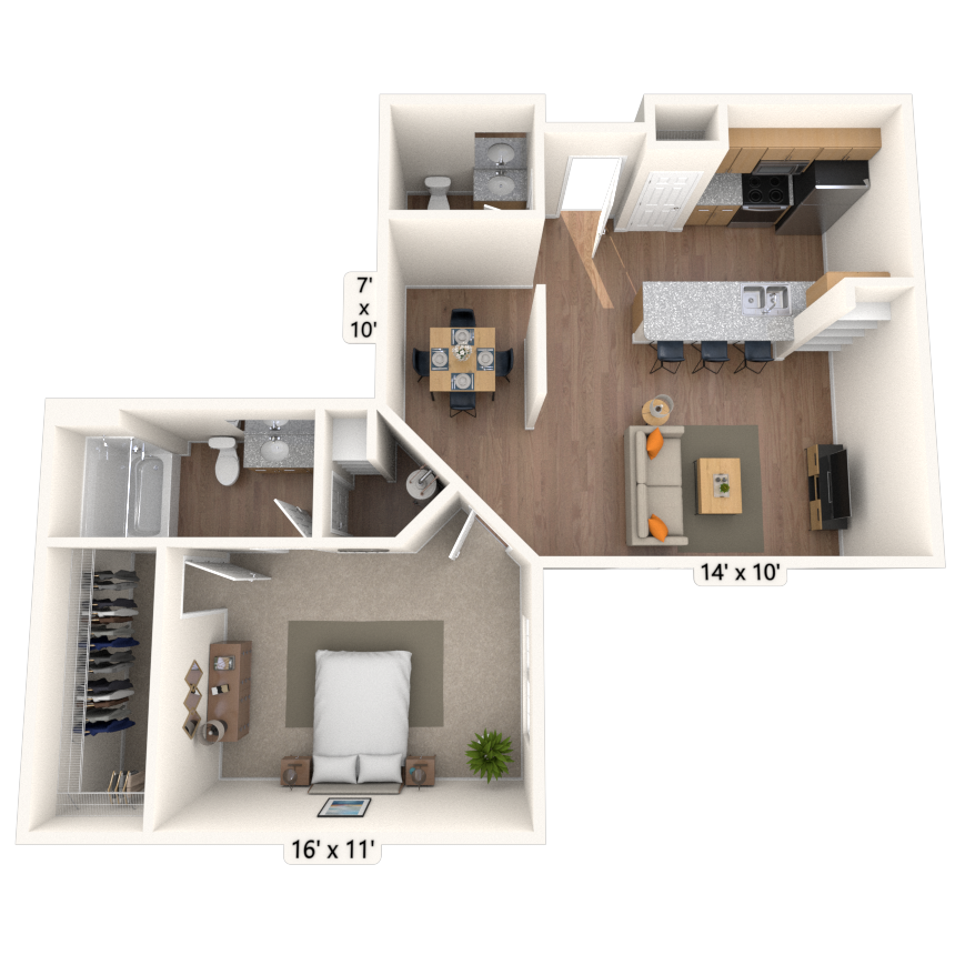 Floor plan for 1 bed, 1.5 baths, 932 sqft